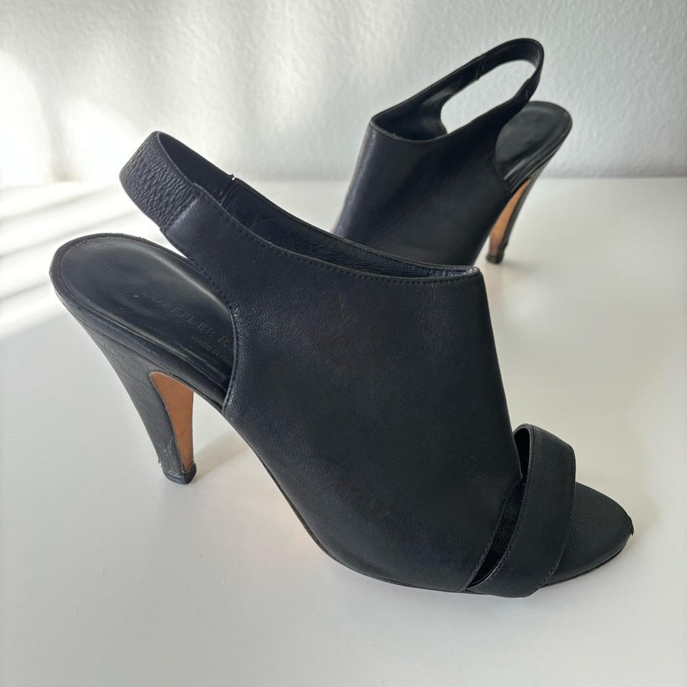 Loeffler Randall Italian Black Leather Slingback Peep Toe Heels Size 7.5